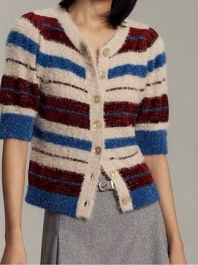 Maeve Striped Fuzzy Button-Front Cardigan in Blue, Cream & dark red